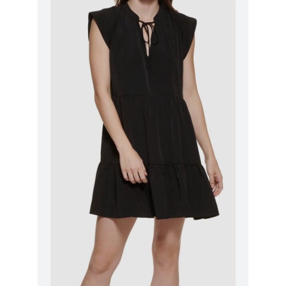 NWT DKNY Shirt Dress XS Black Tiered Babydoll High Tie Neck Mini Peasant
